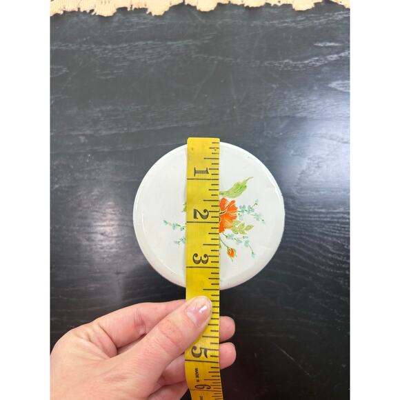 Vintage Decorative Tin- Cylinder- White Orange Blue Floral- 4x3.5" with lid - Picture 5 of 7